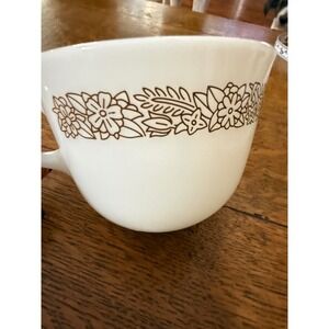 Vintage Pyrex Old Town Blue Milk Glass Coffee Cup Mug Brown Floral Border
